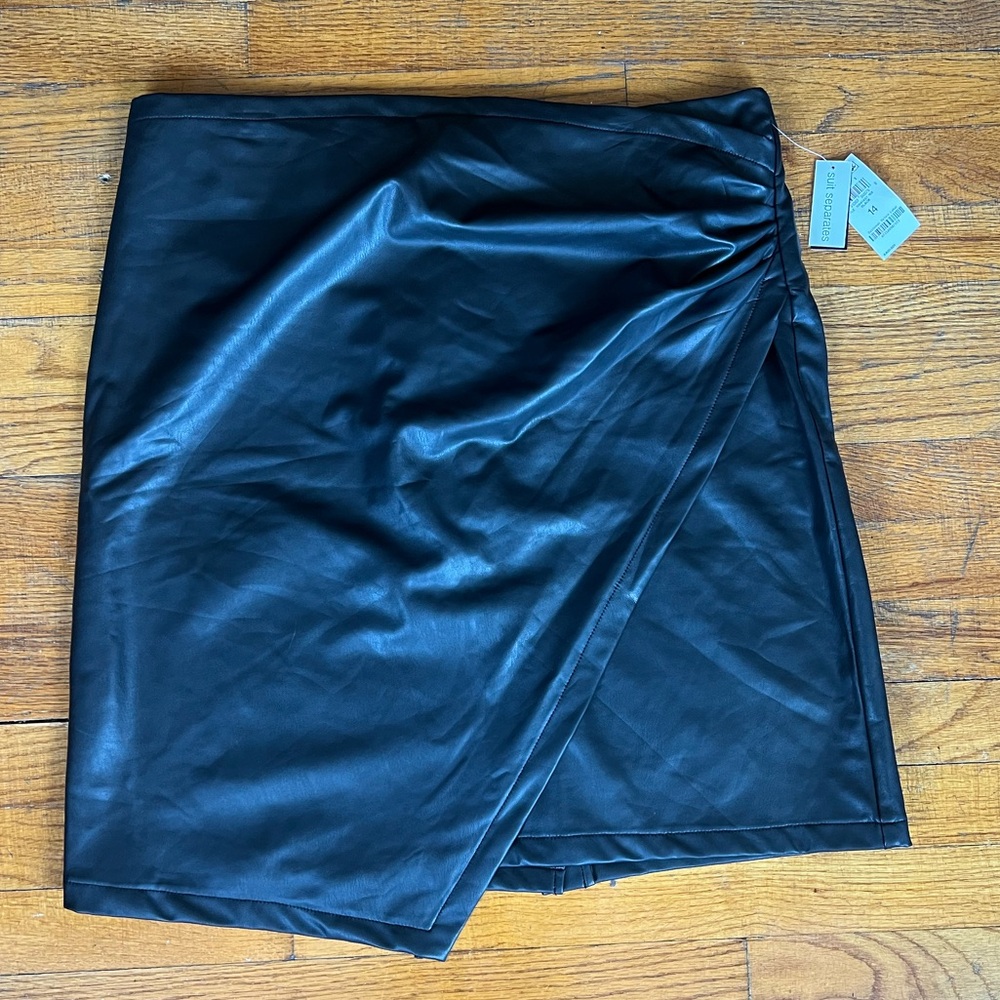 Elegant Black Faux Leather Wrap Knee Length Skirt